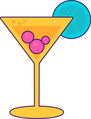 Glass filled with Martini and garnished with slice of citrus. Tall glass goblet with tropical cocktail. Summer holiday icon. Simple stroke vector element isolated on white background