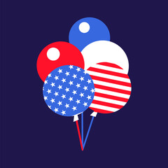 Flying garland of balloons in colors of USA flag. Festive element, attributes of July 4th Independence Day. Flat vector icon in national colors of US flag on dark blue background