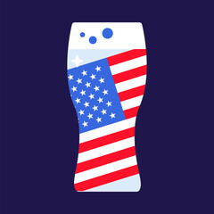 Tall glass filled with light beer, carbonated drink. Festive element, attributes of July 4th USA Independence Day. Flat vector icon in national colors of US flag on dark blue background
