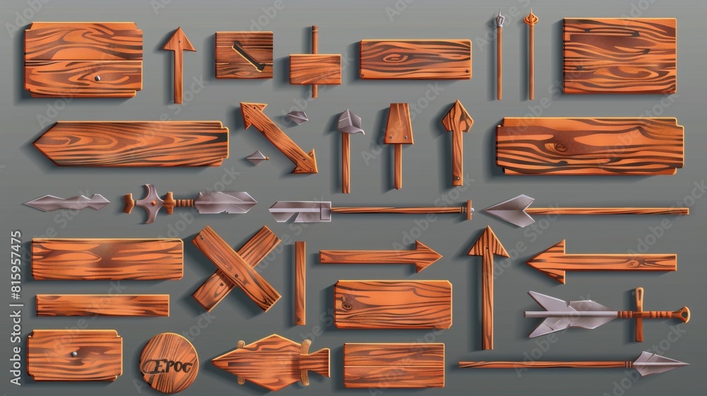 Poster the set is composed of realistic wooden sign posts with arrows pointing the direction or name, isola