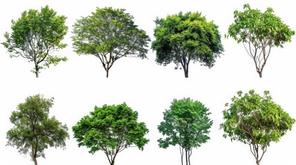 A collection of six different isolated trees on a white background, suitable for architectural designs or environmental graphics.