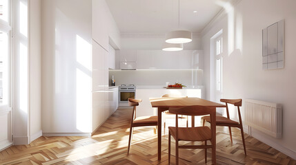 Contemporary minimalist style interior design of light studio apartment with wooden table and chairs in dining zone between open kitchen and living room with white walls and parquet fl : Generative AI