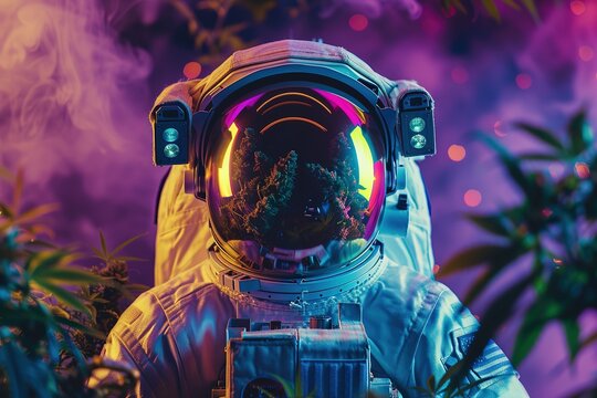 A man in a space suit is surrounded by plants