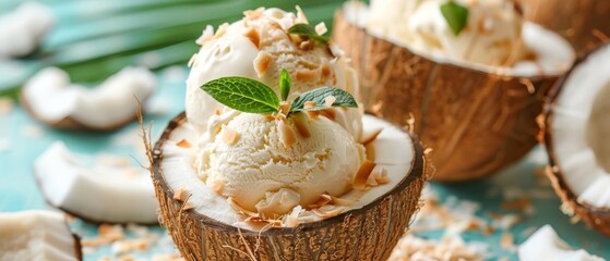 Obraz premium Closeup of creamy coconut ice cream served in a fresh coconut shell, topped with toasted coconut flakes, tropical beach background
