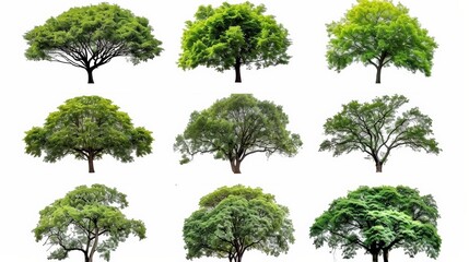 A collection of nine different tree types isolated on a white background, showcasing diversity in foliage and tree shapes.