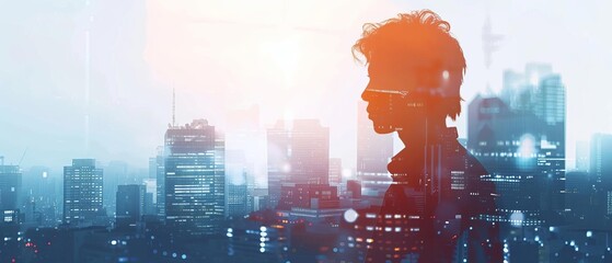 Fototapeta premium Comprehensive service center, close up, focus on efficiency, copy space, sharp and clear colors, Double exposure silhouette with city skyline