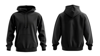 Black male hoodie with hood, long sleeve sweatshirt. Mockup template of a black t-shirt with front and back view on PNG Transparent backgrounds.
