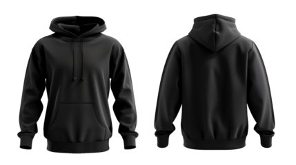 Black male hoodie with hood, long sleeve sweatshirt. Mockup template of a black t-shirt with front and back view on PNG Transparent backgrounds.