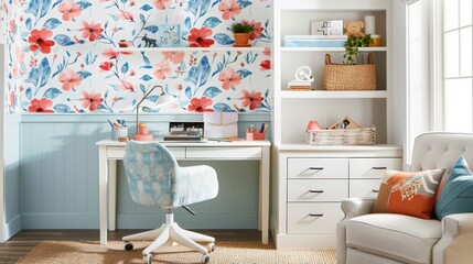 Bright and cozy home office with floral wallpaper, white desk, shelving, comfortable chair, and decorative elements in a well-lit room.