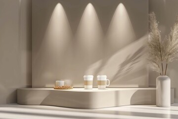 Elegant coffee product launch with a glossy white podium under soft spotlighting, highlighting premium coffee capsules, luxurious and refined