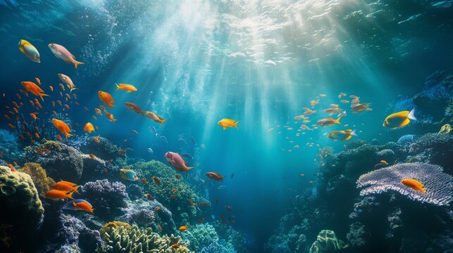 Sun shining on coral reef and fishes under water 