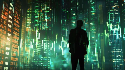 A trader's silhouette against a futuristic backdrop of virtual screens displaying dynamic candlestick graphs, emphasizing the integration of technology in trading. 