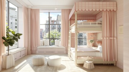 Bright, airy children's bedroom with bunk beds, cozy seating, and a large window overlooking the city, in a pastel color scheme.