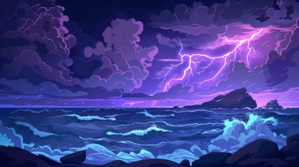 An illustration of a cloudy seascape with lightning strike and heavy rainfall. Sea or ocean surface with huge waves, night storm, hurricane wind, and thunderstorm. Rocky island on horizon.