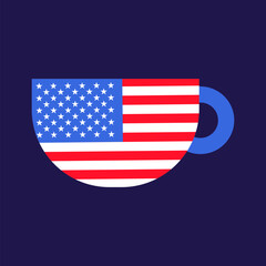 Deep ceramic mug with handle for hot drinks. Festive element, attributes of July 4th USA Independence Day. Flat vector icon in national colors of US flag on dark blue background