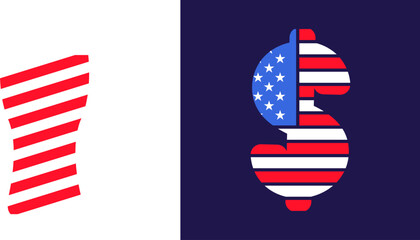 Dollar sign money symbol national american currency. Festive element, attributes of July 4th USA Independence Day. Flat vector icon in national colors of US flag on dark blue background