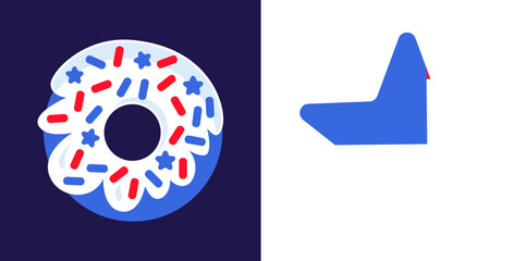 Sweet biscuit glazed donut with sprinkling of star sticks. Festive element, attributes of July 4th USA Independence Day. Flat vector icon in national colors of US flag on dark blue background