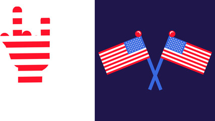 Crossed souvenir flags of USA on flagpole for solemn event, meeting foreign guests. National striped country symbol. Flat vector icon in national colors of US flag on dark blue background