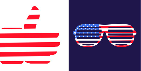 Festive carnival Horizontal Grid glasses in USA colors. Festive element, attributes of July 4th US Independence Day. Flat vector icon in national colors of american flag on dark blue background