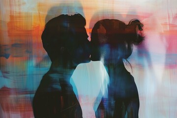 Double exposure of a romantic couple's silhouette against a colorful abstract background
