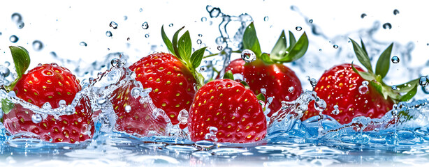 Fresh Strawberries Splashing into Water , Juicy Strawberries in Blue Water Splash. Levitating Strawberries in Water Splash