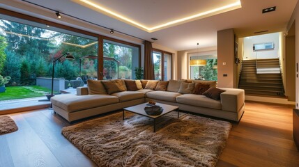 Modern living room interior with sectional sofa, glass table, shag rug, and large windows...