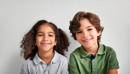 Two young children laughing heartily against a white background, embodying pure joy and happiness