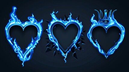 The design features a bright blue burn hole frame with a crown and a heart shape. Circle and square flames set against a black ash background, isolated on a transparent background. A loving and fiery