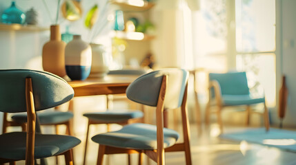 Modern dining room interior with glamour wooden table  stylish chairs and design decoration Template Home decor : Generative AI