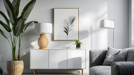 Poster above white cabinet with plant next to grey sofa in simple living room interior Real photo : Generative AI