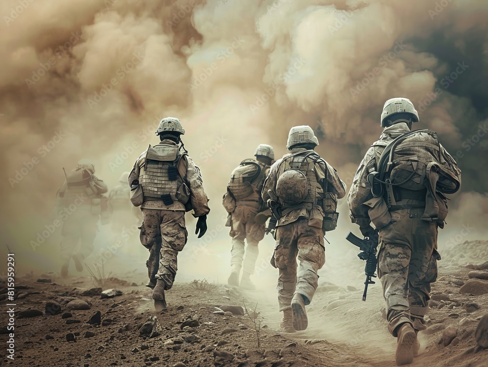 Wall mural A somber scene captures soldiers in gear advancing through thick smoke during a combat operation, evoking feelings of war and sacrifice