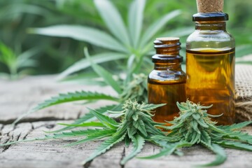 Cannabis essential oils in amber bottles with fresh marijuana leaves, alternative medicine concept