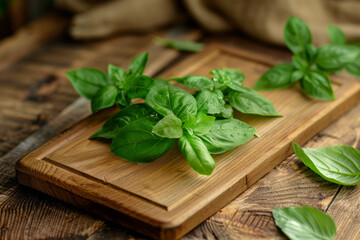 Fresh green basil leaves with dew drops on a wooden cutting board in a rustic kitchen setting, conveying freshness and natural cooking ingredients