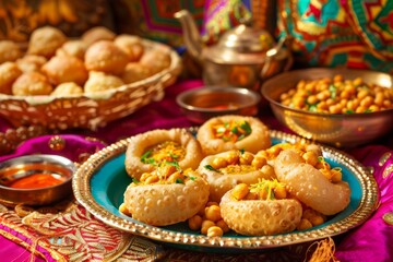 Colorful Festive Display Showcasing a Plate of Freshly Made Pani Puri on a Decorated Table
