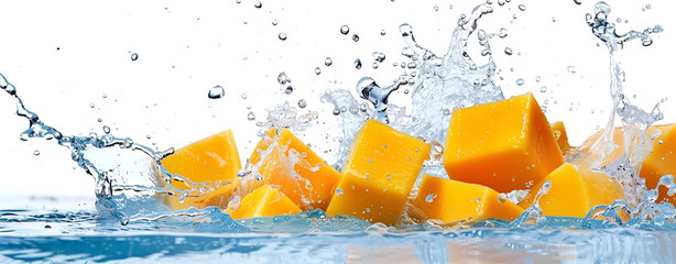 Juicy Mango Cubes Splashing into Blue Water. Levitating Mango Cubes in Water Splash on white background