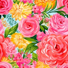Cheerful Floral Display with Pink and Yellow Roses on a Bright Turquoise Background, Accented with Small White Flowers