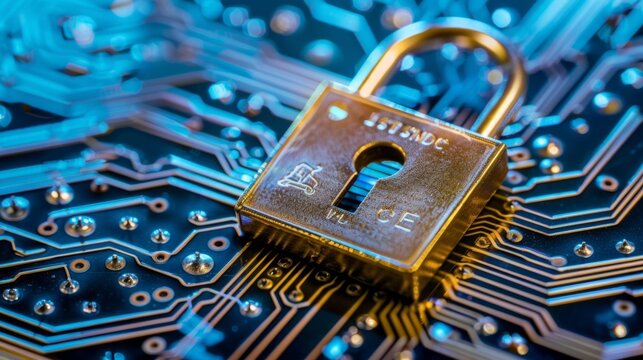 A padlock on a circuit board, symbolizing data security, cyber protection, encryption technology, and information safety in the digital age.