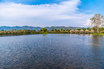 landscape with lake and blue sky