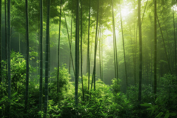 A serene bamboo forest bathed in soft sunlight, with slender bamboo stalks stretching towards the sky and lush green foliage filtering the dappled light, creating a tranquil oasis of natural beauty.
