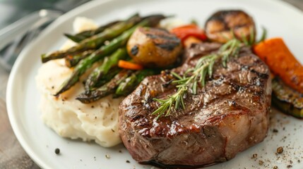 Juicy grilled steak served with roasted vegetables and mashed potatoes, a classic and comforting meal option.