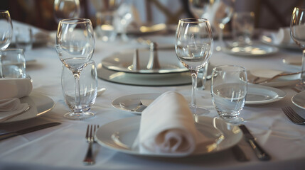 Fototapeta premium Beautifully organized event round served table banquet ready for guests round decorated table with empty plate glasses forks napkin Elegant dinner table : Generative AI