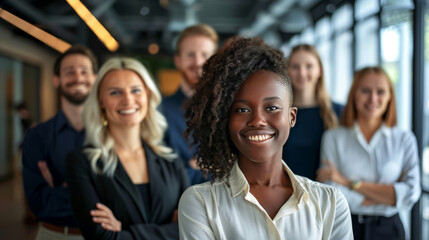 Fototapeta premium Confident professional young African woman leading a diverse team in a modern office environment, symbolizing leadership and teamwork