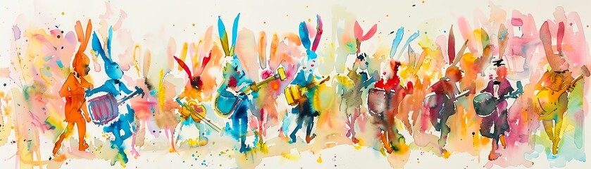 A festive Easter parade painted in watercolors, showcasing children in bunny costumes and bands playing cheerful tunes