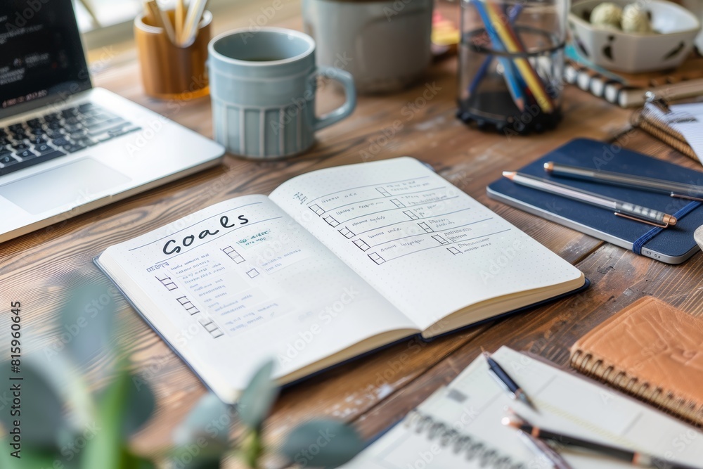Poster organized workspace with goal-setting notebook and modern office tools