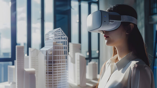 Concept futuristic design Asian woman Architect or Engineer wearing VR headset for working design 3D architectural precast concrete building model with BIM technology and virtual reali : Generative AI