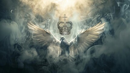 divine christian symbols majestic crown holy cross and peaceful dove dramatic smoke background digital illustration