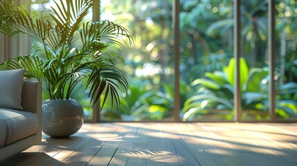 living room with tropical houseplant decorated with light and shadow plays, light and bokeh, Generative Ai