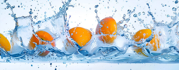 Juicy Fresh Mango Splashing into blue Water Against White Background, Food Levitation. Fresh Mango in Blue Water Splash