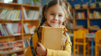Young Caucasian girl clutching a book in a classroom, with a delightful smile expressing her enthusiasm for reading and learning