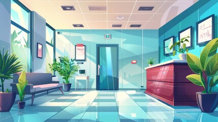 Office corridor interior with reception cartoon modern background. Modern company hallway with cabinet door. Indoor lobby area design with glass window in coworking panoramic view.